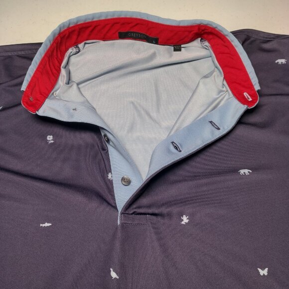 Greyson Polo Shirt Large Blue Short Sleeve Butterfly Frog Pot Leaf Turtle Bear - Picture 10 of 15